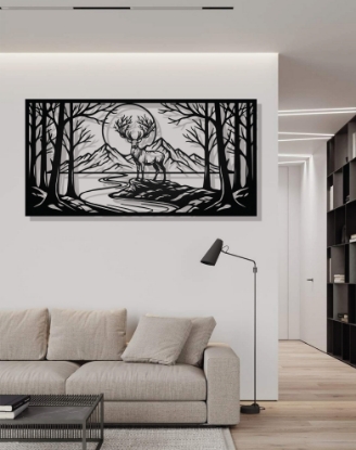 Picture of Moonlit Mountain Deer Landscape Metal Art