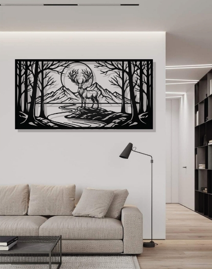 Picture of Moonlit Mountain Deer Landscape Metal Art